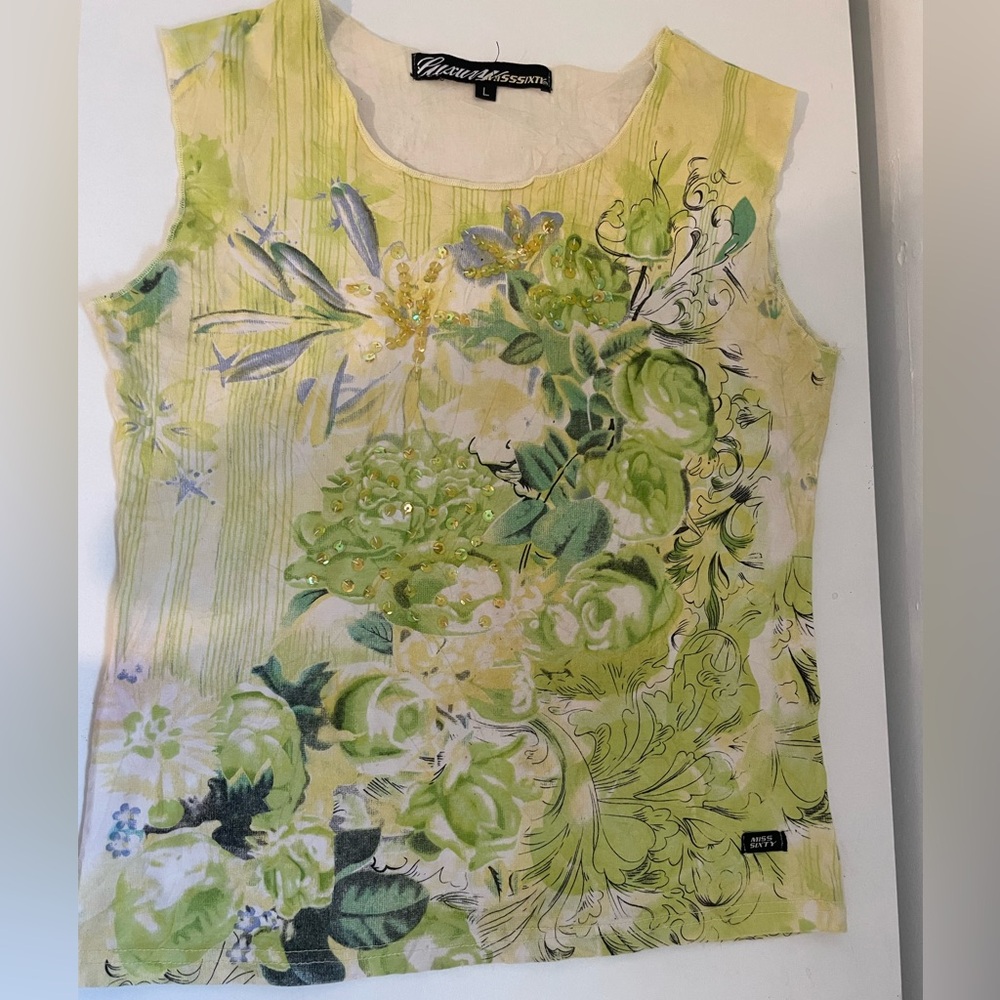 Miss Sixty Yellow-Green Floral Beaded Sleeveless Tank